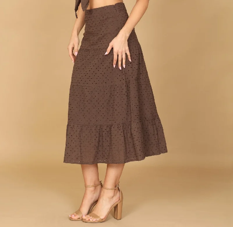 Brown Eyelet Tiered Skirt casual skirt length