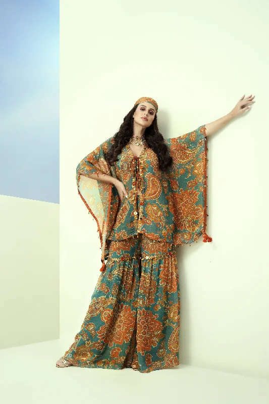 Blue Printed Organza Kaftan & Sharara Pant Fashionable Work Pants
