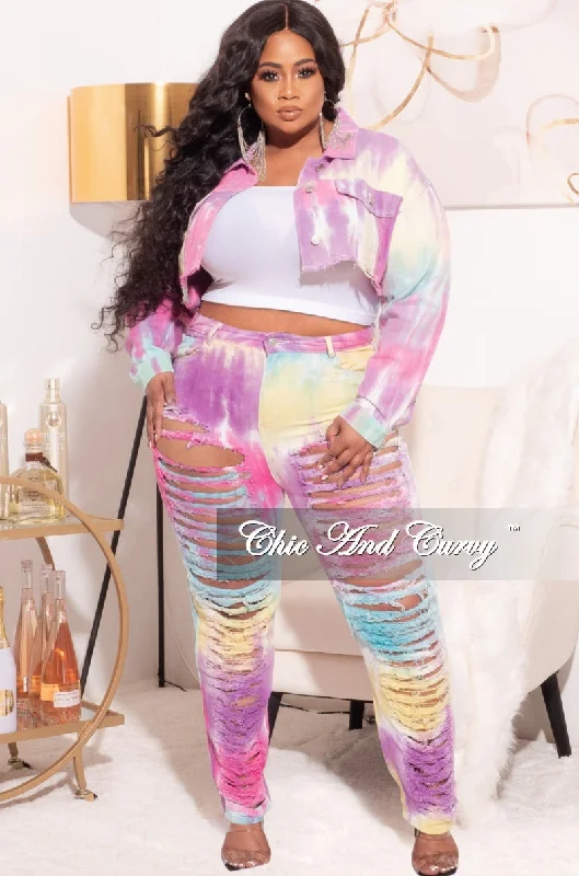 Final Sale Plus Size 2pc Set Distressed Denim Jacket & Pants in Pastel Tie Dye Collared Jacket Crew Neck Jacket Turtle Neck Jacket Final Sale Plus Size 2pc Set Distressed Denim Jacket & Pants in Pastel Tie Dye Collared Jacket Crew Neck Jacket Turtle Neck Jacket