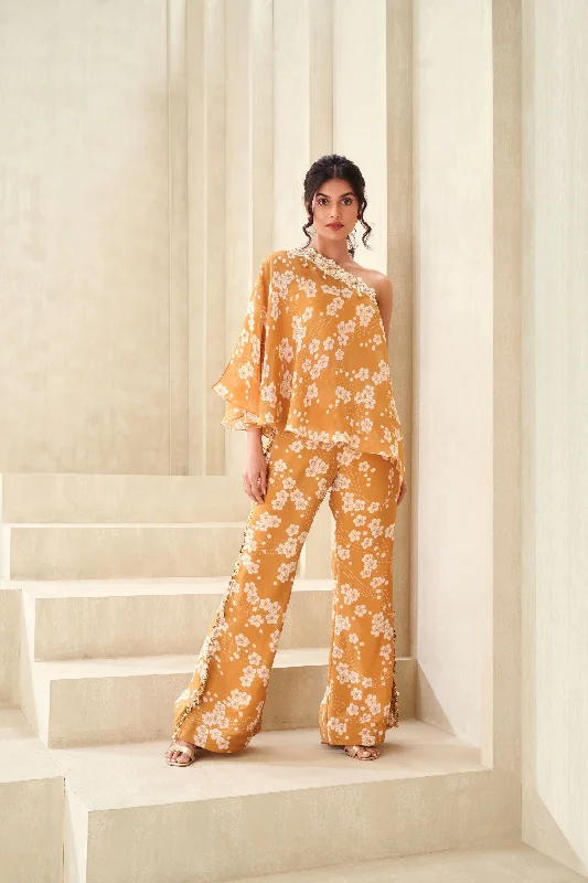 Gold Printed Pant With Embroidered Top Lightweight Jogger Pants