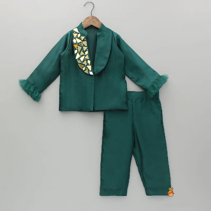 Pre Order: Embellished Green Blazer Style Top With Pant Classic Cropped Pants