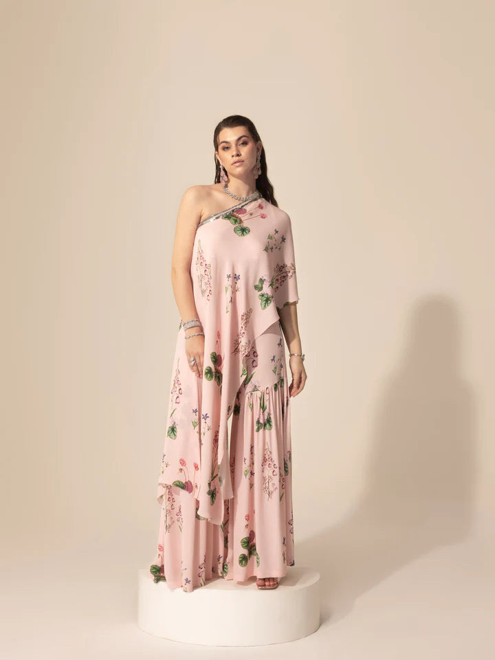 Blush Pink Asymmetrical One Shoulder Tunic & Sharara Pants High-Waist Jogger Pants