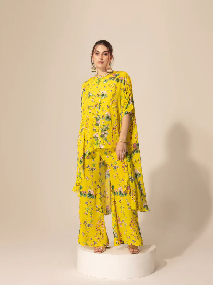 Yellow Botanical Asymmetrical Tunic & Bell Pants Classic Cropped Pants