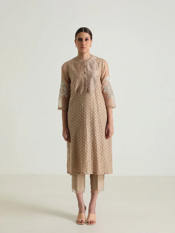Beige Tunic In Brocade And Silk Chanderi Pant Without Dupatta Elegant Dress Pants