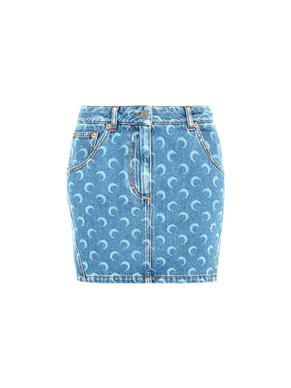 Moon laser denim mini skirt flowy skirt hem