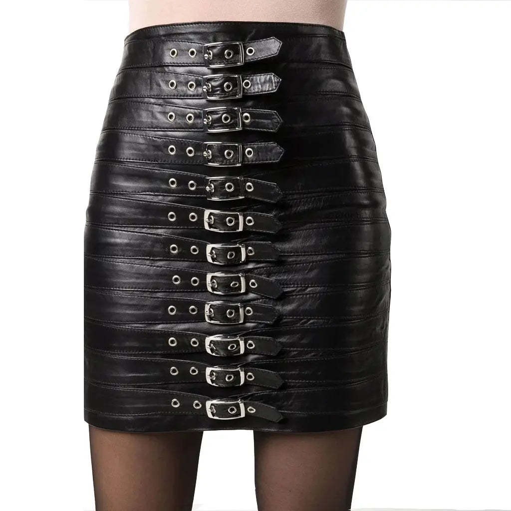 Buckle Detailing Black Leather Skirt Outfit Summer lace skirt delicate