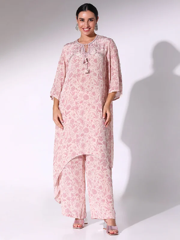 Blush Pink Floral Tunic With Neck Tie-up And Pants Cozy Fitted Pants