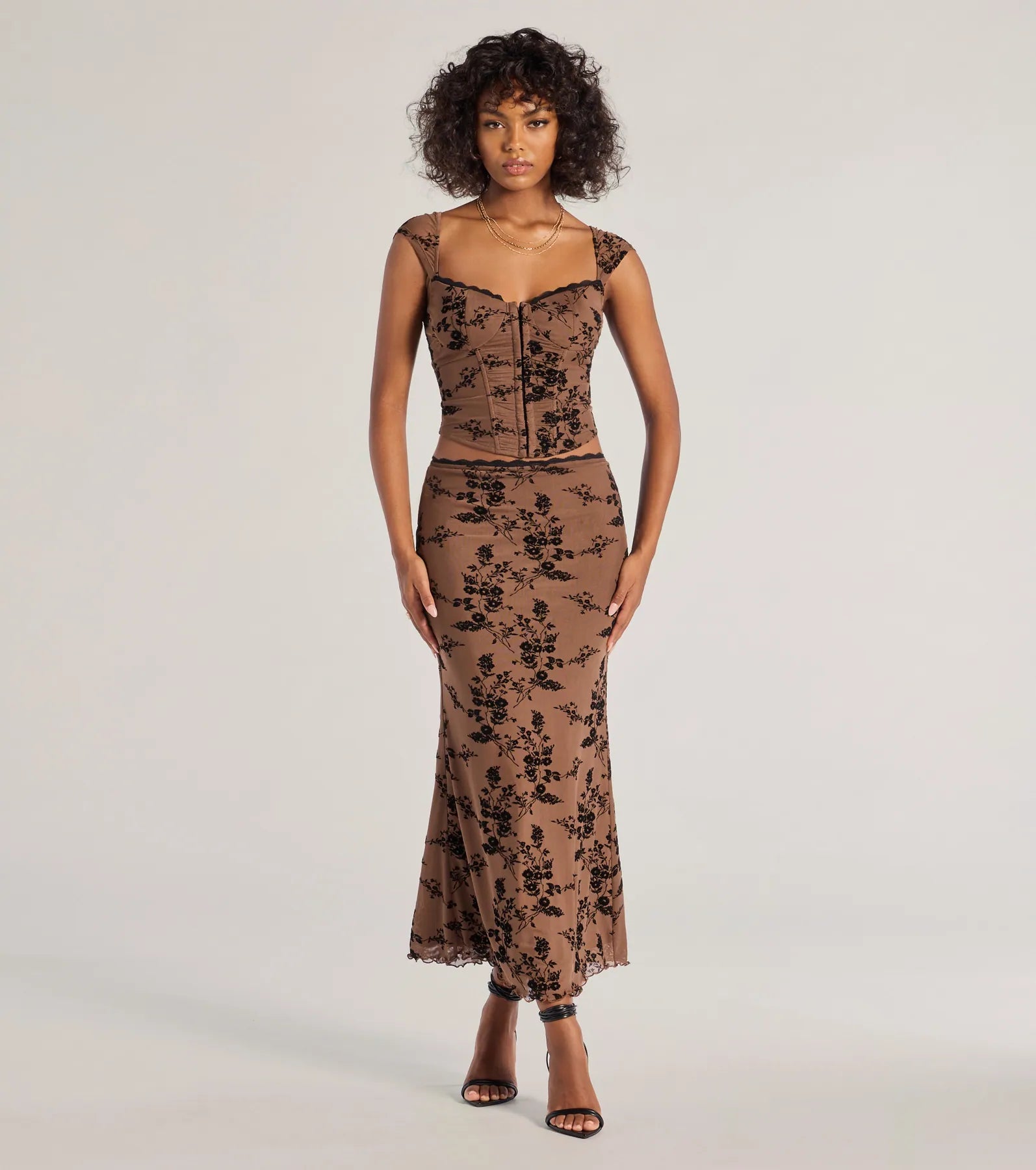 Romantic Aura Flocked Floral Mesh Maxi Skirt cashmere skirt soft