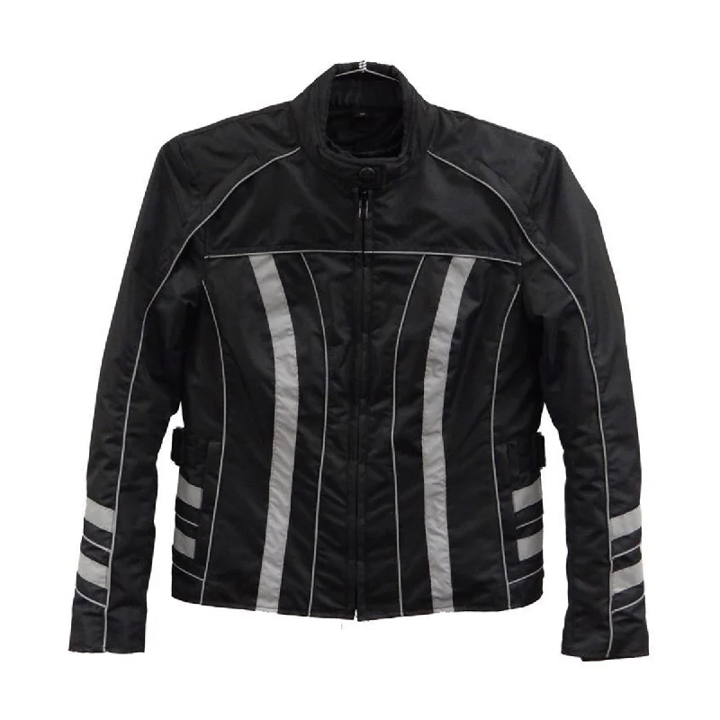 NexGen SH2394 Women's Black and Silver Textile Racer MC Jacket Striped Jacket Polka Dot Jacket Floral Jacket NexGen SH2394 Women's Black and Silver Textile Racer MC Jacket Striped Jacket Polka Dot Jacket Floral Jacket