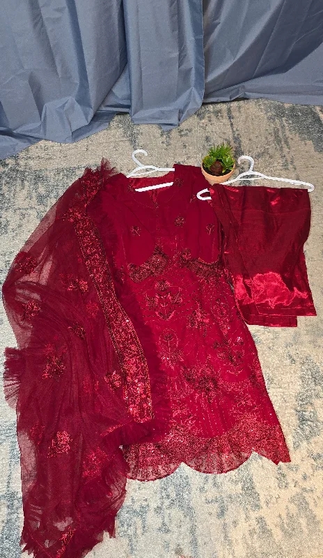 Luxurious Red Sequin Pant Suit with Organza Dupatta Classic Pleated Pants