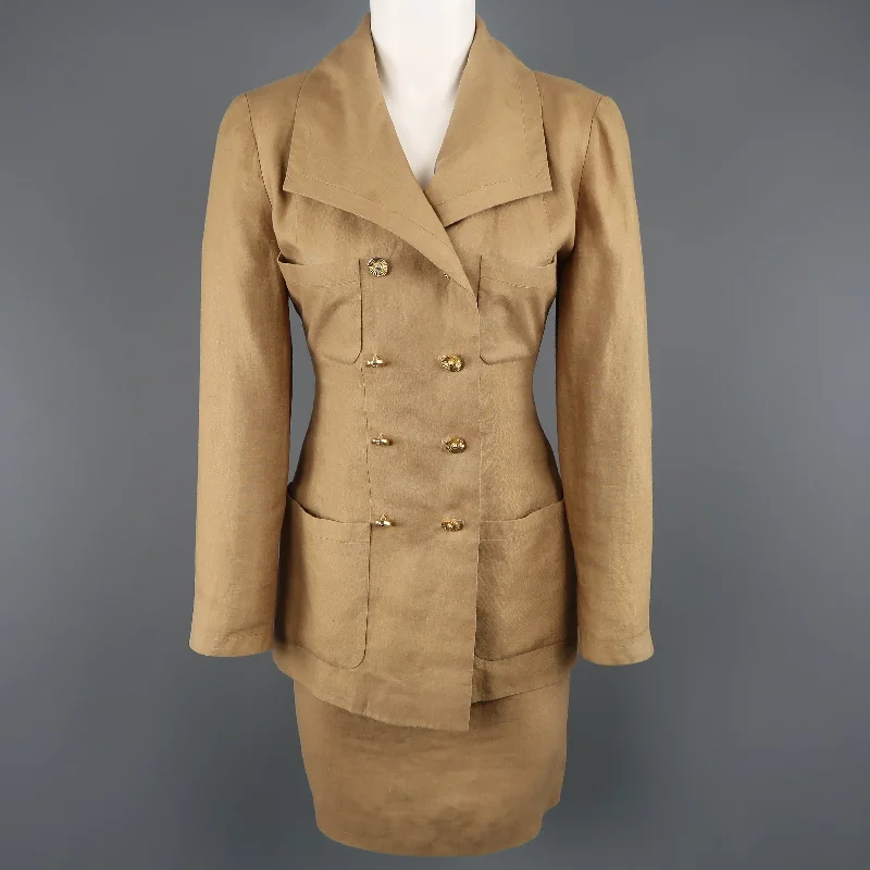 Vintage 1990 CHANEL Size 4 Tan Linen Double Breasted Skirt Suit denim skirt trendy