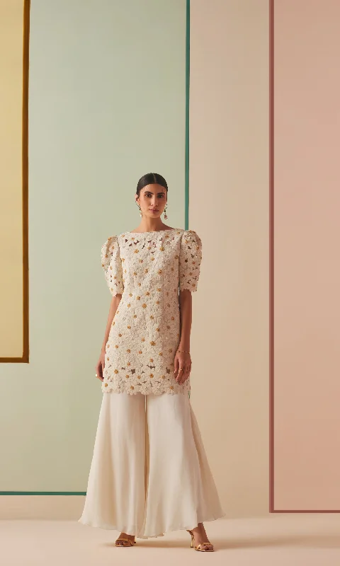 Ivory daisy applique kurta with flared sharara pants Trendy Printed Pants