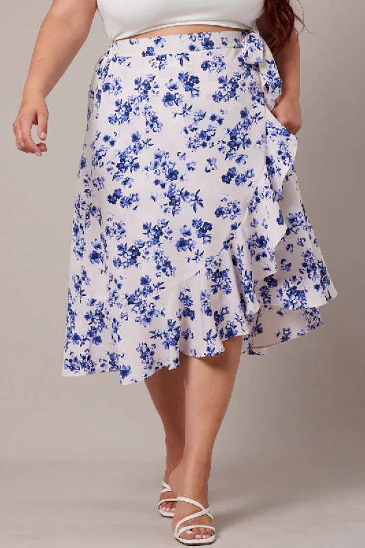 White Ditsy Wrap Frill Midi Skirt satin skirt smooth