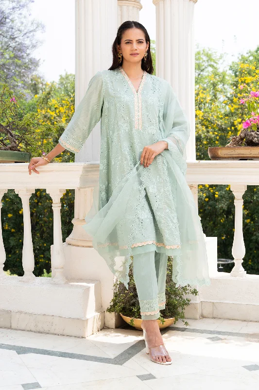 Sea-Green Floral Embroidered short anarkali kurta set with dhoti pants Chic Black Leggings