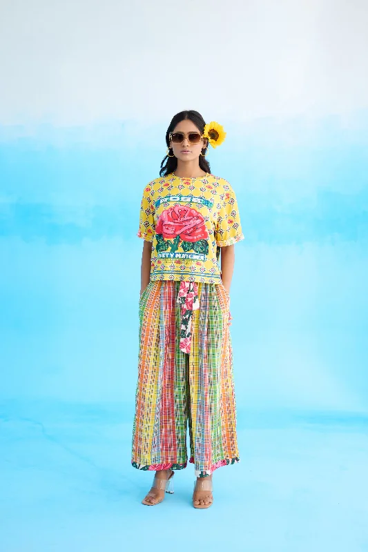 Yellow Madras Checks Wide Leg Pants Relaxed Fit Trousers