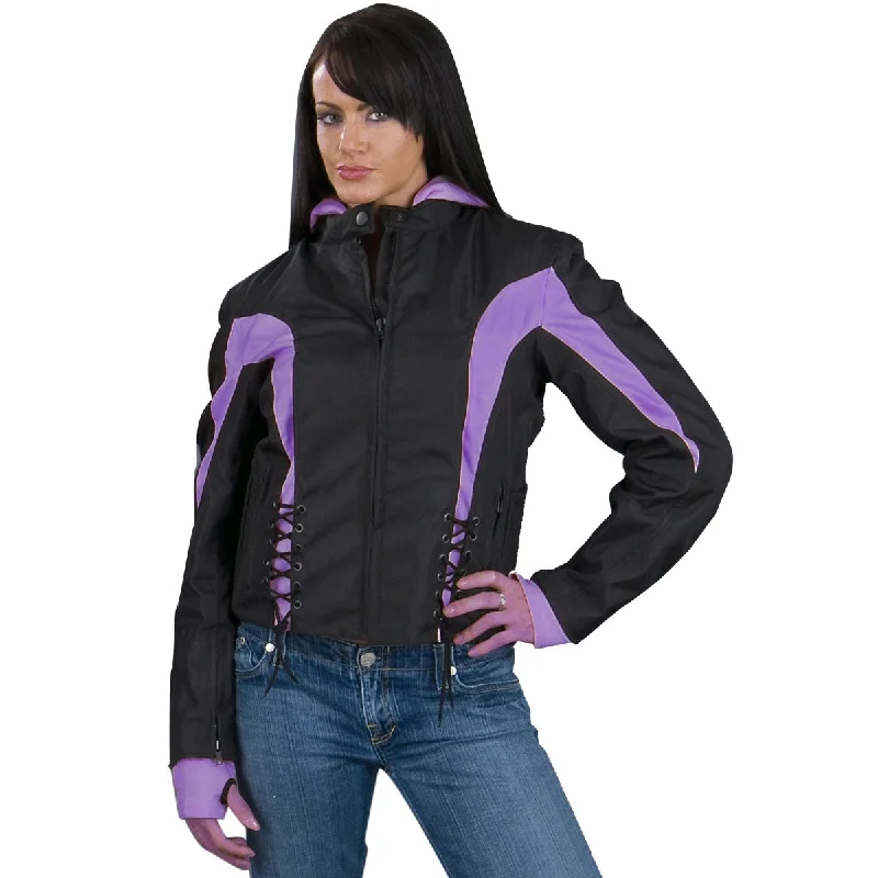 NexGen Ladies SH1906 Black and Purple Textile Racer Jacket with Hoodie Snapped Jacket Toggled Jacket Drawstring Jacket NexGen Ladies SH1906 Black and Purple Textile Racer Jacket with Hoodie Snapped Jacket Toggled Jacket Drawstring Jacket
