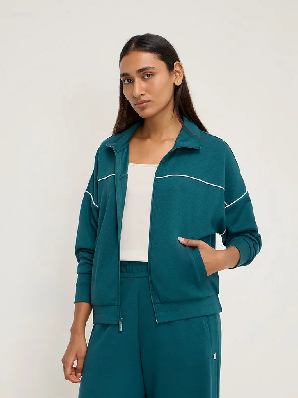 LOV Teal Solid Jacket Ribbed Jacket Pleated Jacket Ruffled Jacket
