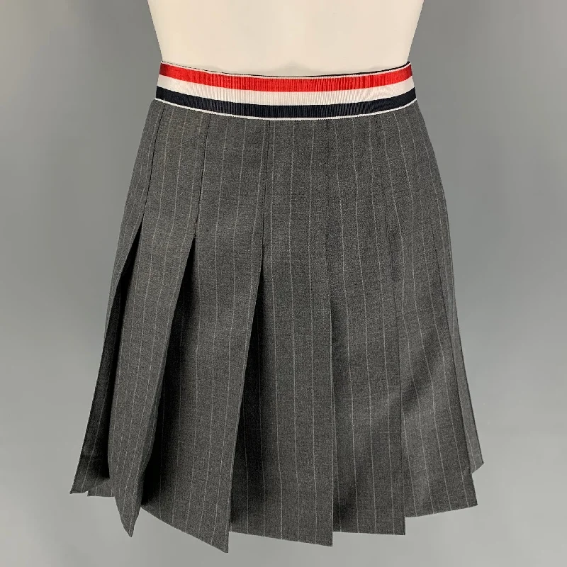 THOM BROWNE Size 2 Gray Charcoal Wool Pleated Flannel Mini Skirt mini skirt trendy