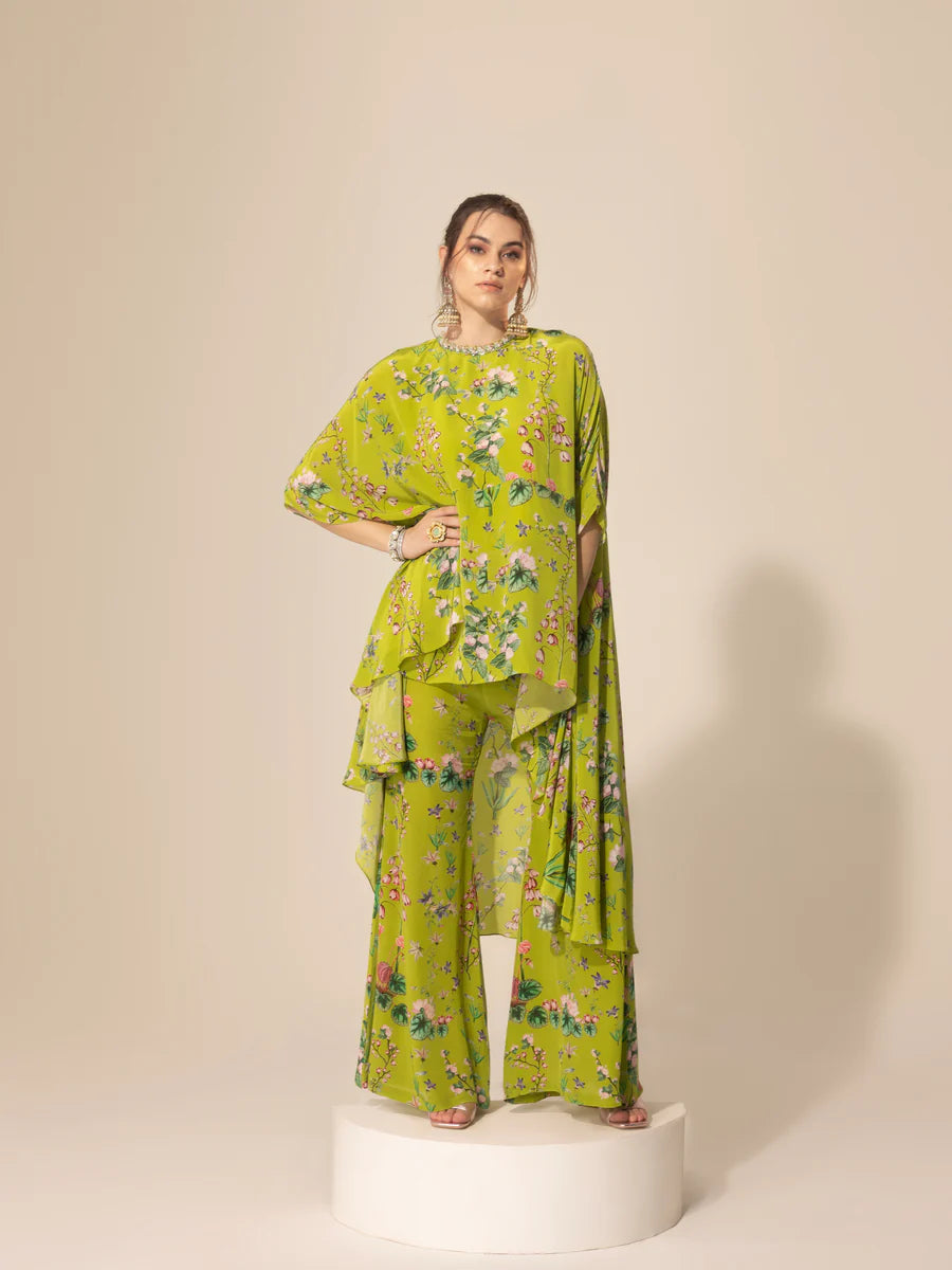 Green Botanical Asymmetrical Tunic & Bell Pants Modern Skinny Pants