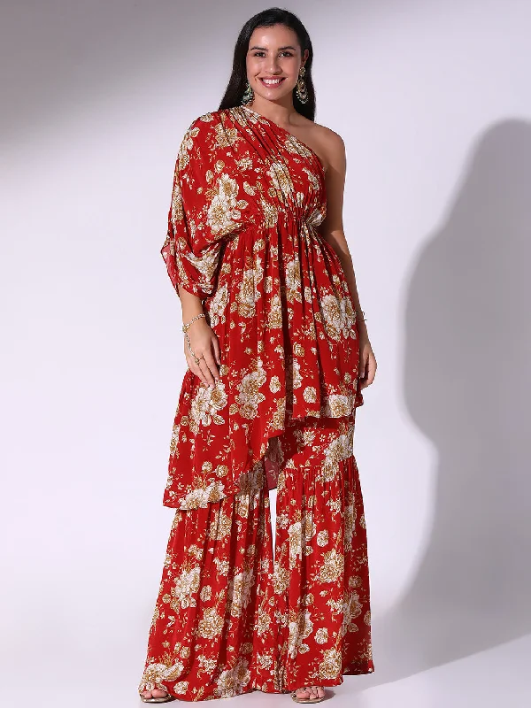 Red One Shoukder Gathered Tunic Paired With Sharara Pants Comfortable Pleated Pants