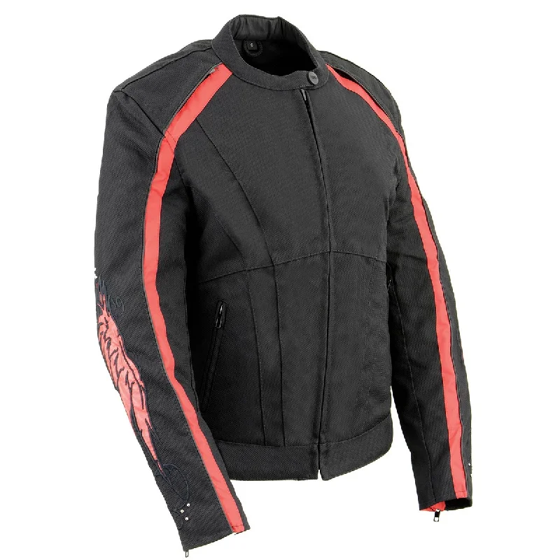 Milwaukee Leather SH1954 Women's Black and Red Textile Jacket with Stud and Wings Detailing Wool Jacket Cashmere Jacket Tweed Jacket Milwaukee Leather SH1954 Women's Black and Red Textile Jacket with Stud and Wings Detailing Wool Jacket Cashmere Jacket Tweed Jacket