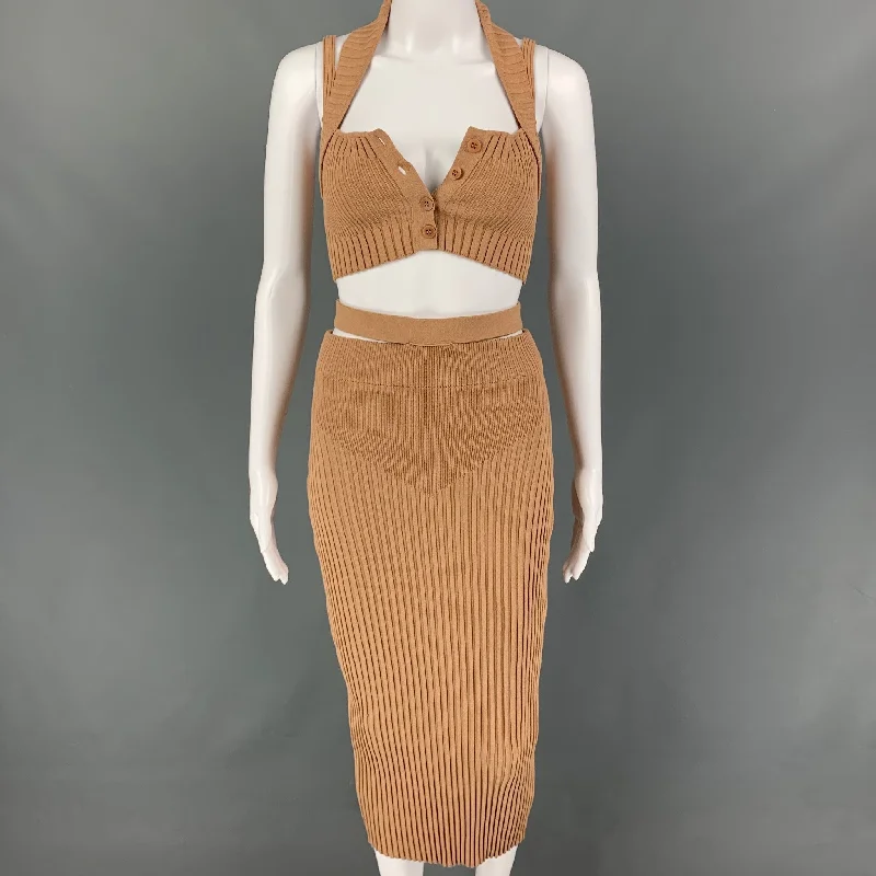 ANDREADA'MO Size S Tan Viscose Blend Ribbed Skirt Set silk skirt sleek
