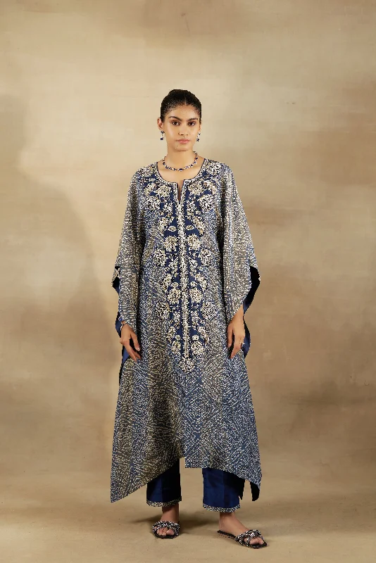 Blue Embroidered Kaftan With Silk Pants Chic Checkered Pants