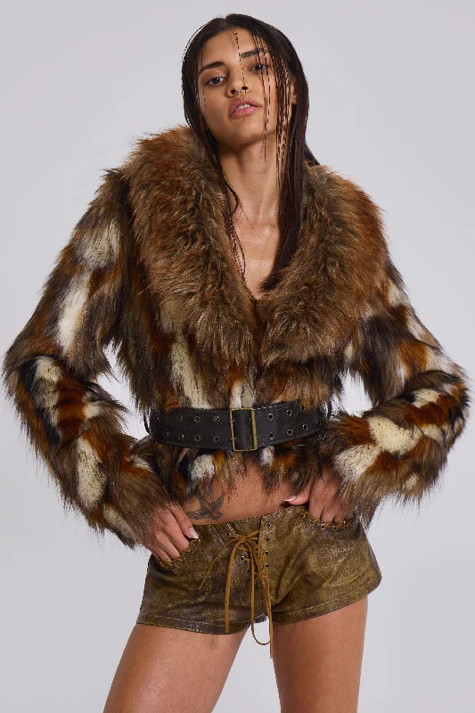 Mesconda Faux Fur Belted Jacket Embroidered Jacket Appliqued Jacket Beaded Jacket