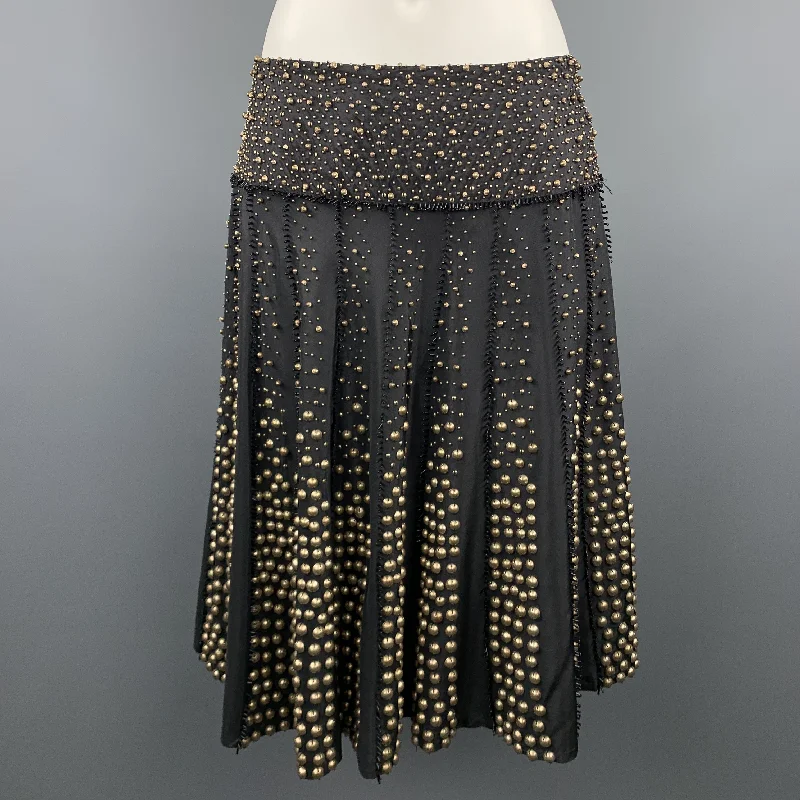 NAEEM KHAN Size 6 Black Gold Tone Metal Beaded Silk A Line Skirt chiffon skirt flowing