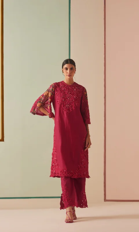 Fuchsia cutwork and beadwork kurta with cutwork straight pants Comfortable Wide-Leg Pants Fuchsia cutwork and beadwork kurta with cutwork straight pants Comfortable Wide-Leg Pants