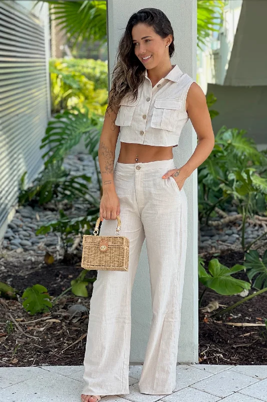 Oatmeal Button Down Top And Pants Set Trendy Tapered Pants
