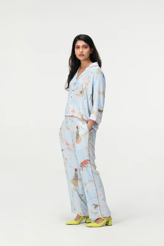 Rainforest Pyjama Pant Ice Blue Cotton Silk Twill Formal Stretch Pants