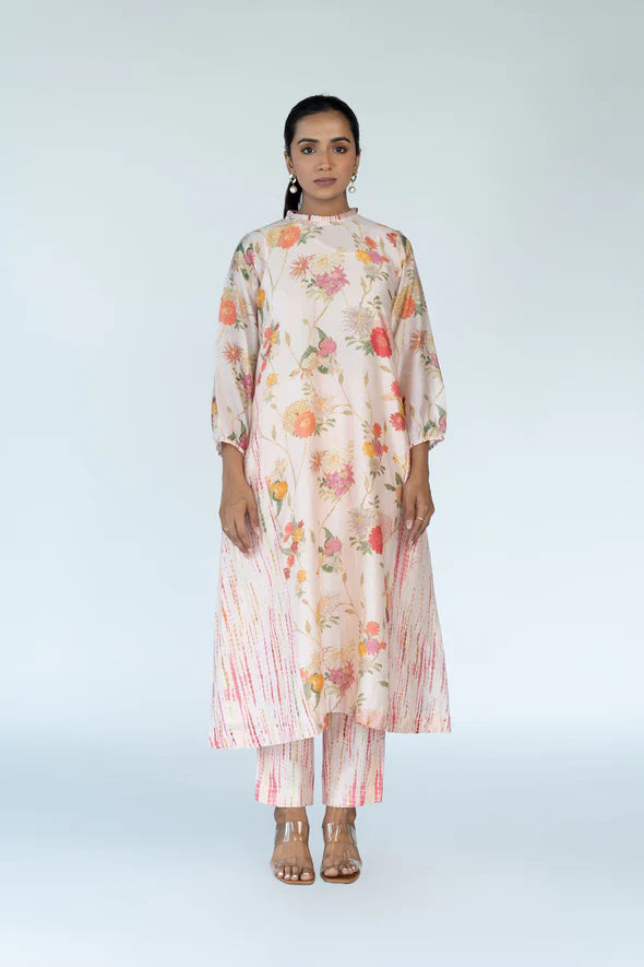 Summer Chanderi Kurta With Pants Set With Inner Cozy Full-Length Pants