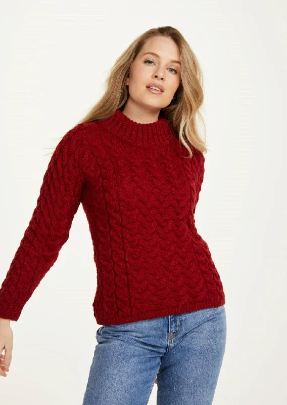 Aran Crew Neck Sweater | Red Fleece Fabric Down Fabric Feather Fabric