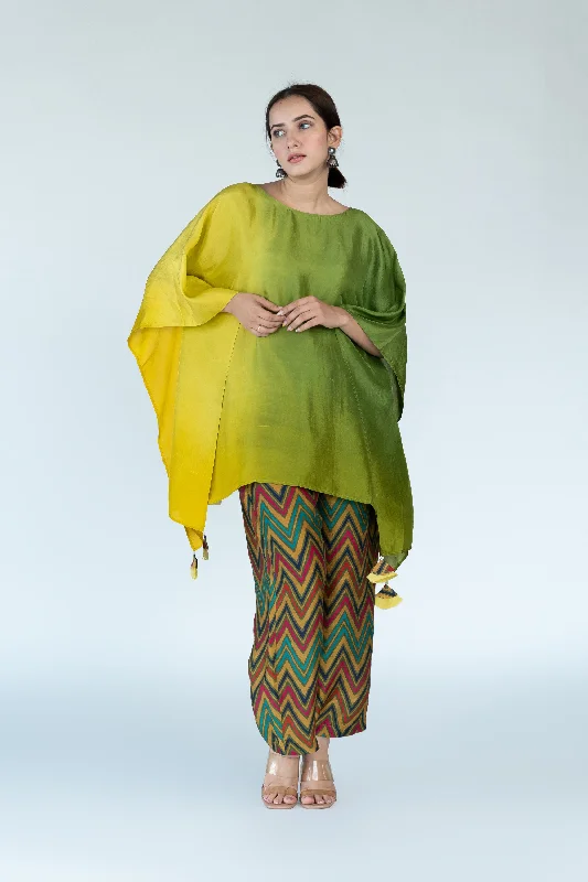 Sage Mustard Ombre Kaftan Top With Pants (2pc) Classic Pleated Pants