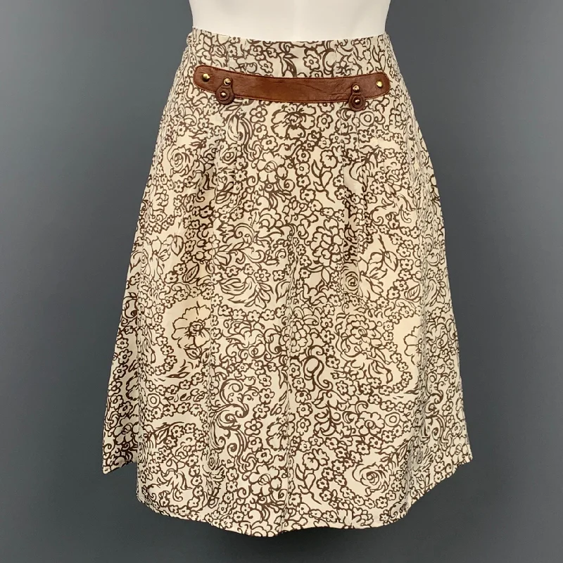 MAYLE Size 4 White & Brown Floral Silk A-Line Skirt satin skirt smooth