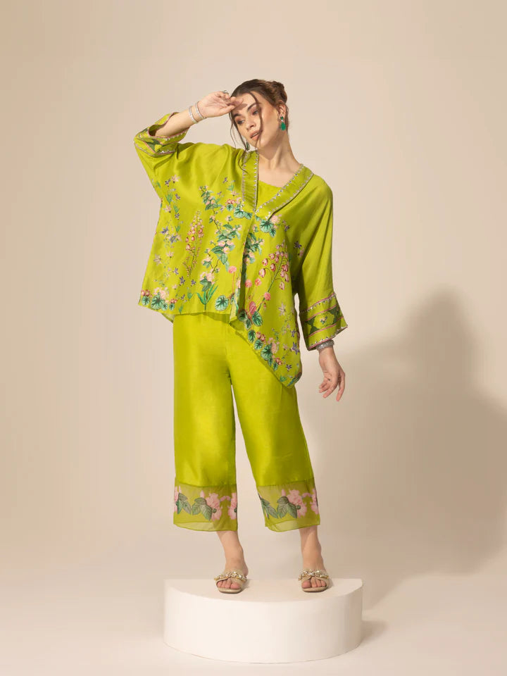 Lime Green Botanical Short Kaftan & Ankle Pants Set Soft Stretch Leggings