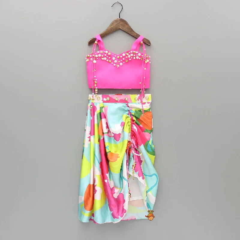 Pre Order: Pink Embellished Strappy Top And Printed Draped Skirt maxi skirt elegant