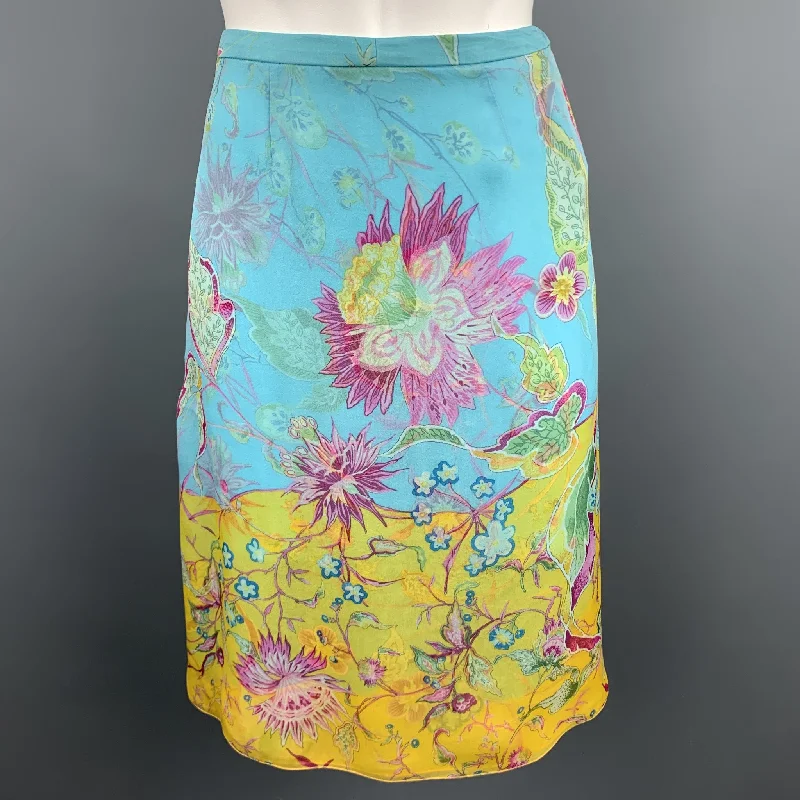 VALENTINO Size 6 Turquoise Floral Chiffon Silk A-line Skirt silk skirt lustrous