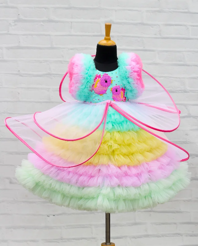 Tiny birds theme multi frilled gown with detachable wings skirt ribbed skirt waist