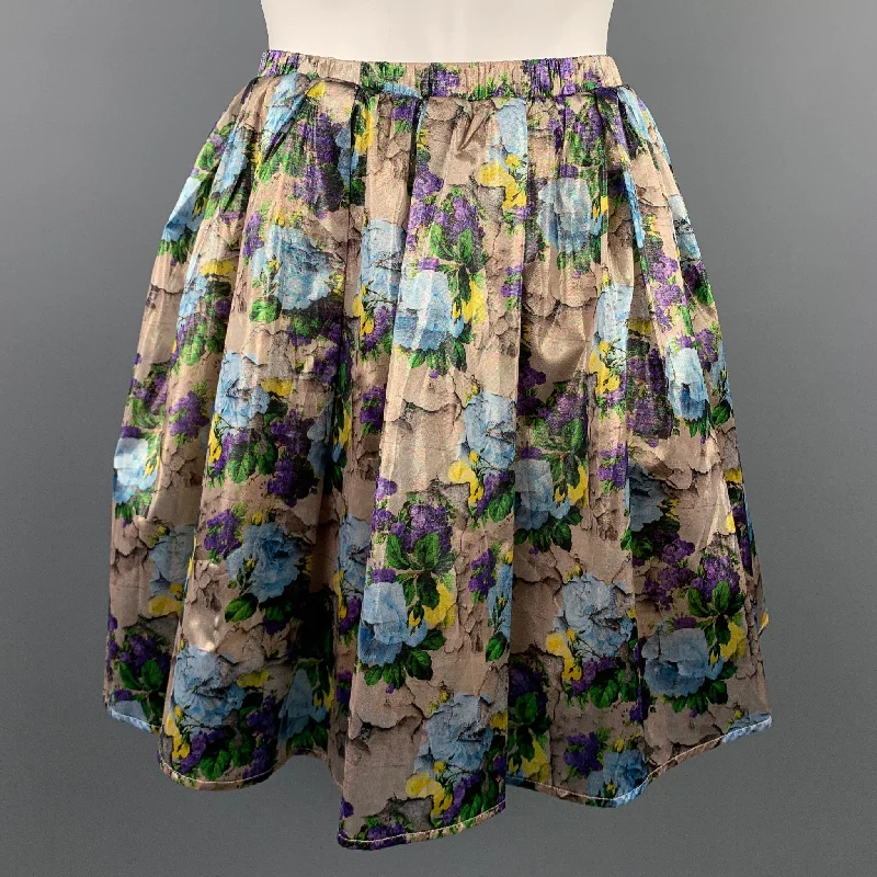 MSGM Size 6 Gold & Purple Floral Polyamide Elastic Waistband A-Line Skirt pleated skirt texture