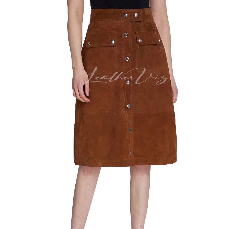 FRONT BUTTON CLOSURE SUEDE LEATHER SKIRT chiffon skirt lightweight