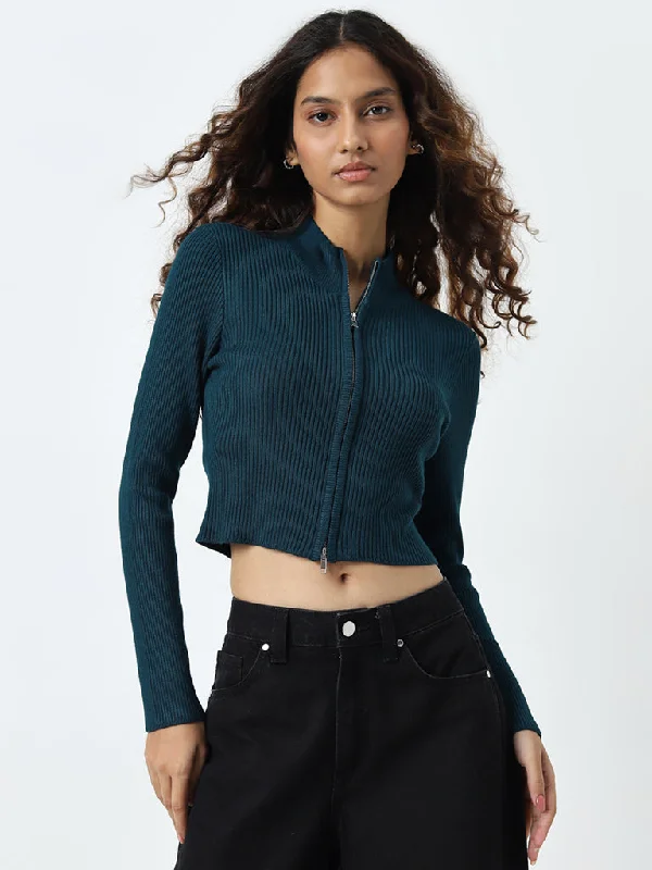 Nuon Dark Teal Ribbed Textured Jacket Jacket Blazer Coat