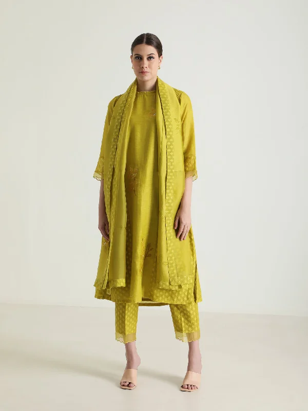 Chartruese Tunic In Brocade And Straight Pants With Dupatta Formal Stretch Pants