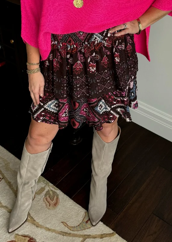 Chocolate and Pink Print Skirt wool skirt warm