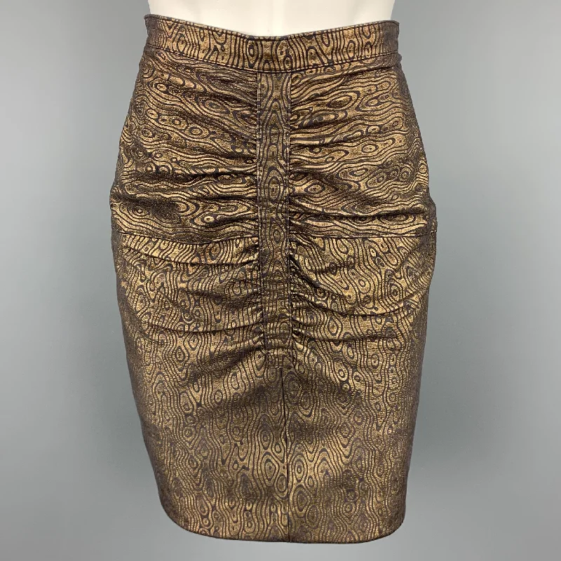 HARRODS Size 8 Black & Gold Abstract Leather Ruched Skirt denim skirt trendy