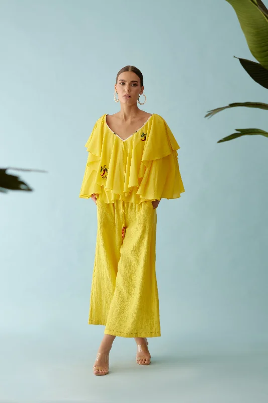 Yellow Hand Embroidered Chilli Applique Wide Leg Pants Slim-Fit Khaki Pants