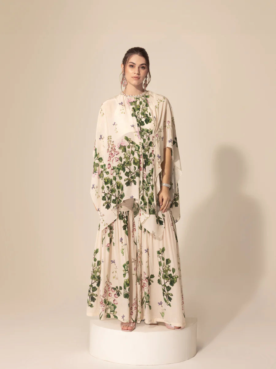 Ivory Botanical Asymmetric Top & Sharara Pants Elegant Palazzo Trousers