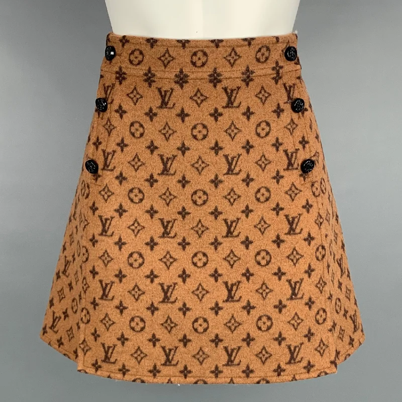 LOUIS VUITTON FW 2020 Size 4 Tan Wool / Silk A-line Monogram Mini Skirt wrap skirt elegant