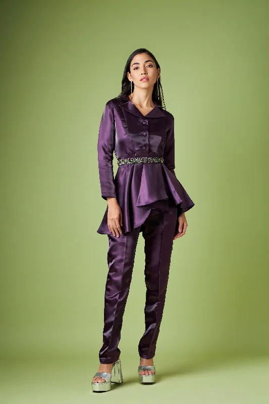 Metallic Peplum Pant Suit With Crystal Belt High-Waist Jogger Pants